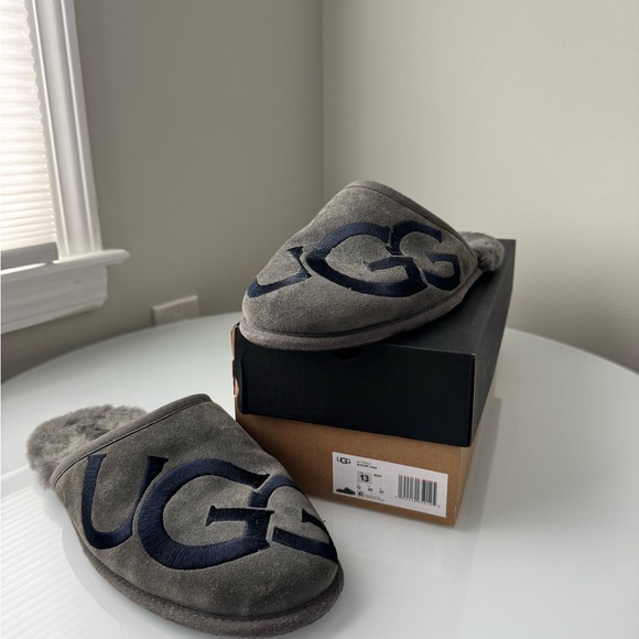 UGG Scuff Logo Slippers | Men’s 13 | Grey/Navy Blue | Suede & Sheepskin Insole - Picture 2 of 16